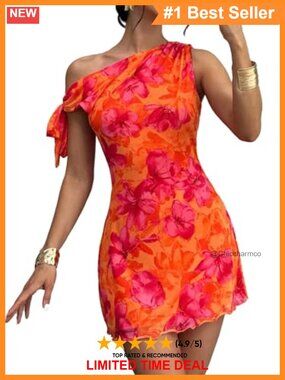One Shoulder Floral Mini Dress Self Tie Bodycon Summer Party Dress